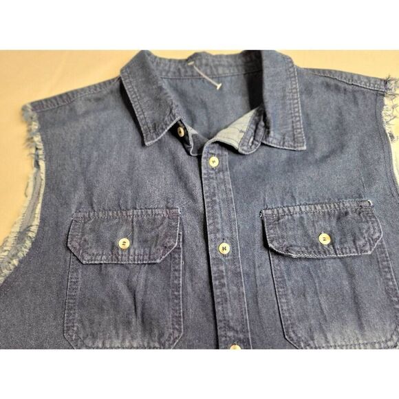 Adult unisex denim jean shirt mens large nwot buttondown distressed blue - Picture 2 of 5